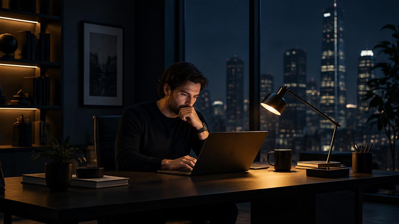 Imprenditore al lavoro da solo alla scrivania di sera