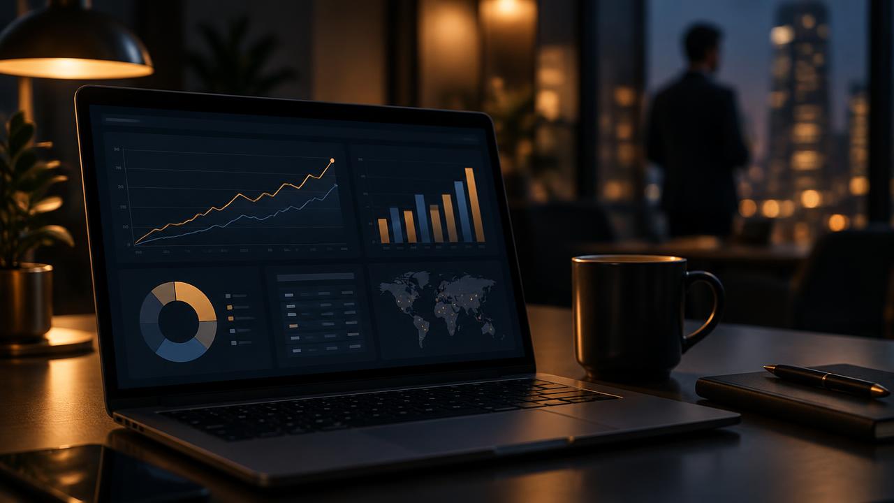 Grafici di rendimento pubblicitario su un portatile in un ufficio serale
